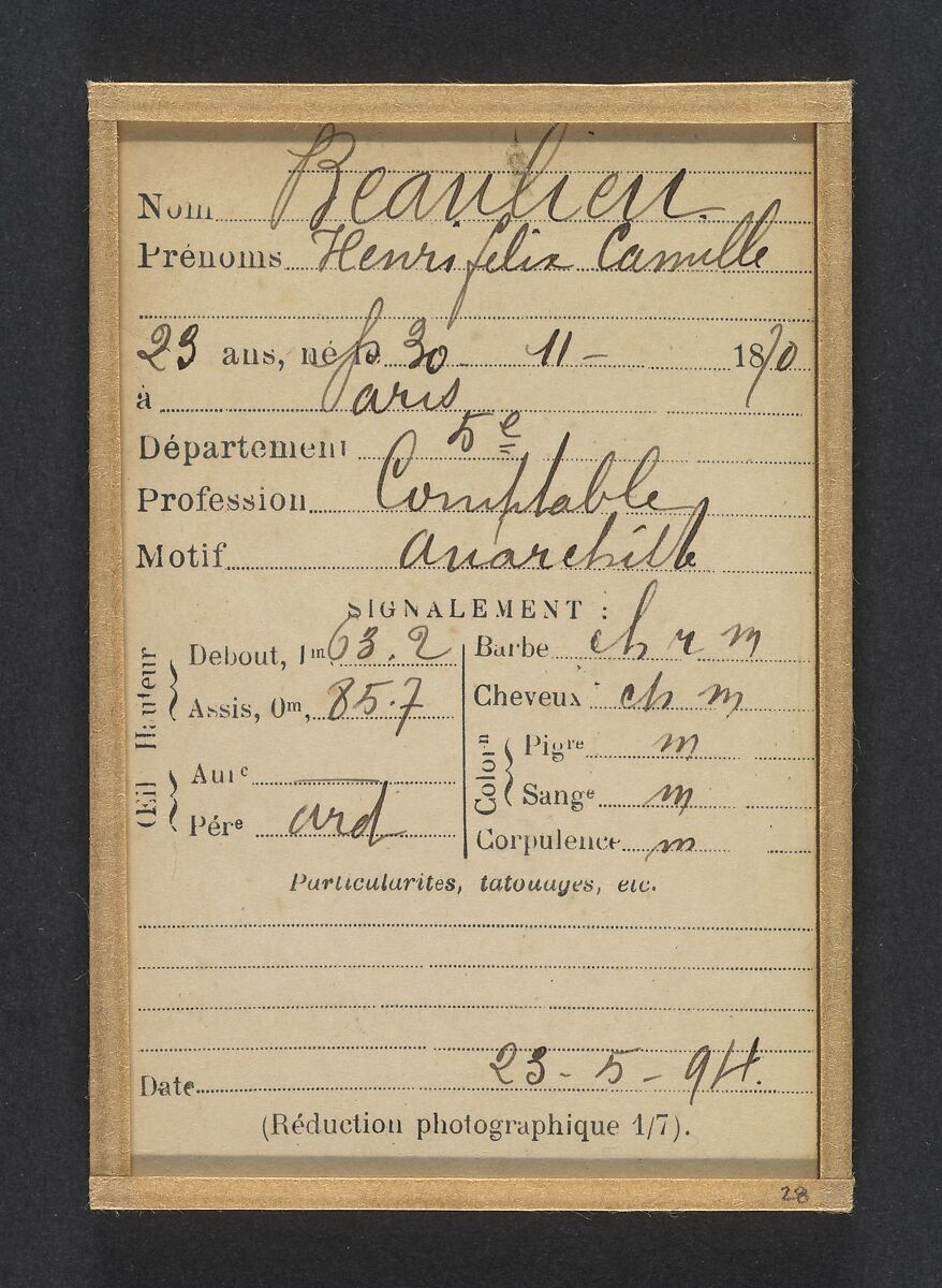 Beaulieu. Henri, Félix, Camille. 23 ans, né le 30/11/70 à Paris Ve. Comptable. Anarchiste. 23/5/94., Alphonse Bertillon (French, 1853–1914), Albumen silver print from glass negative
