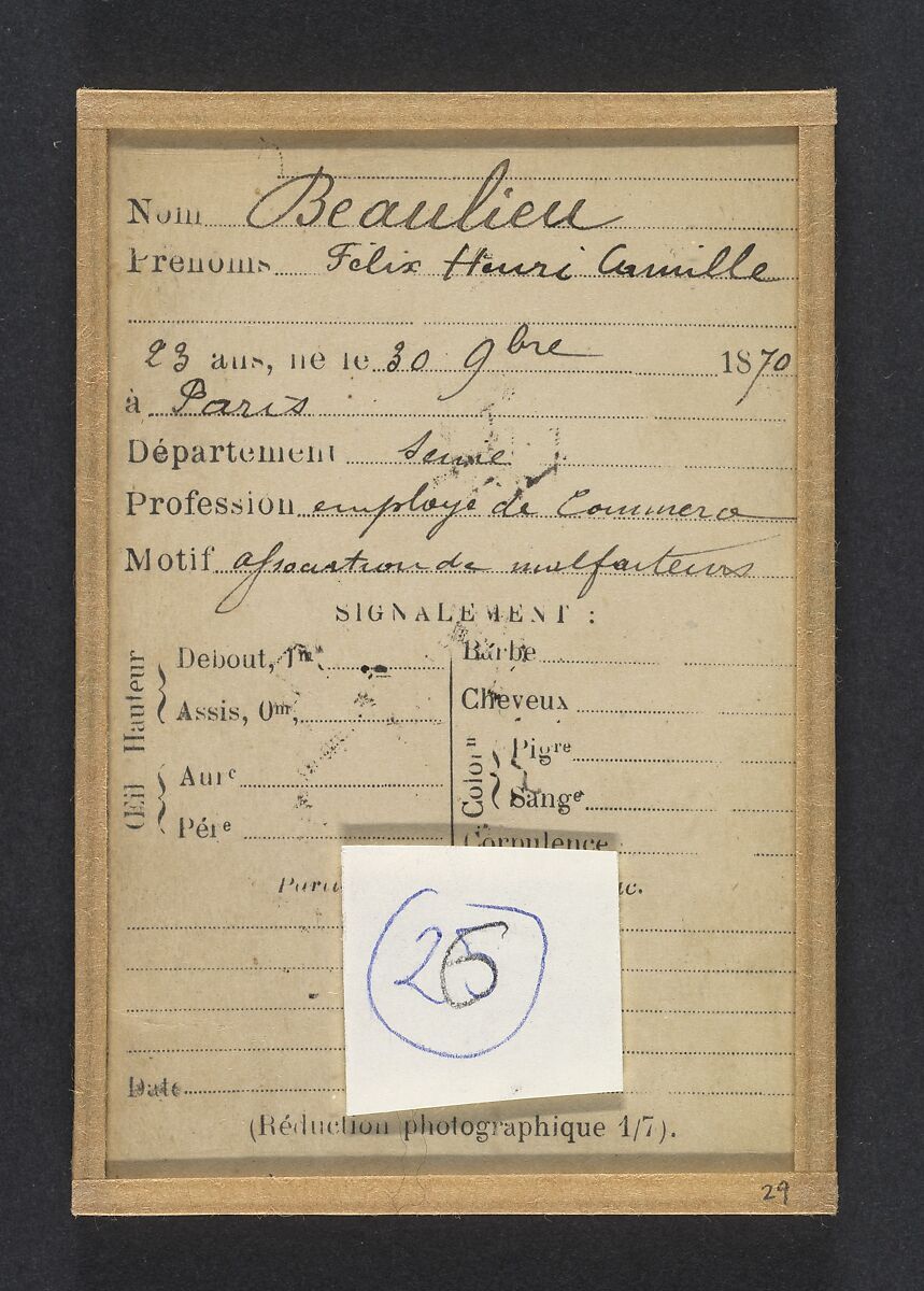 Beaulieu. Henri, Félix, Camille. 23 ans, né le 30/11/70 à Paris Ve. Comptable. Anarchiste. 23/5/94., Alphonse Bertillon (French, 1853–1914), Albumen silver print from glass negative