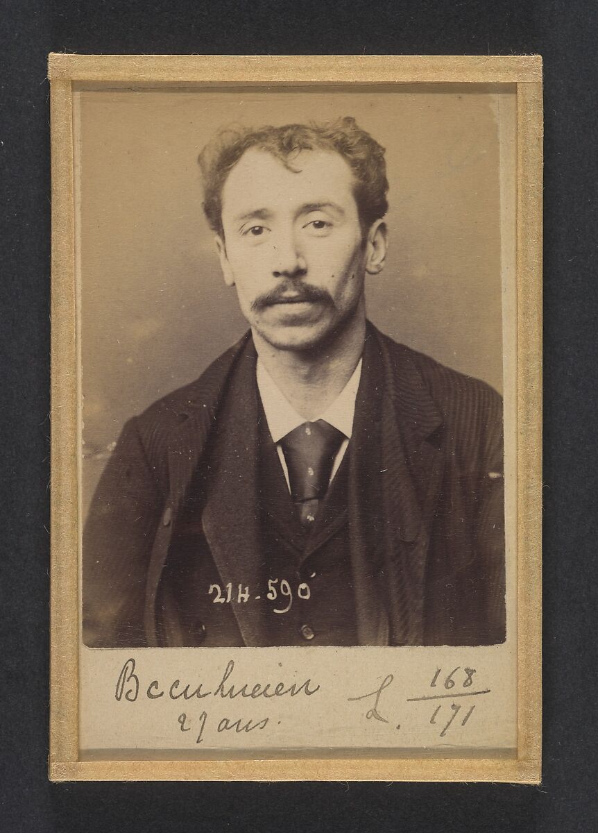 Becu. Lucien. 27 ans, né à la Conté d'Abigny (Pas-de-Calais). Garçon de café. Pas de motif. 22/2/94., Alphonse Bertillon (French, 1853–1914), Albumen silver print from glass negative 