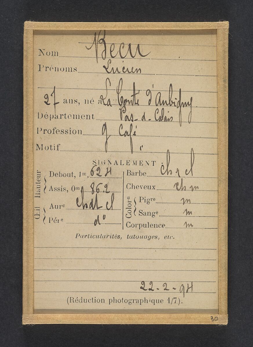 Becu. Lucien. 27 ans, né à la Conté d'Abigny (Pas-de-Calais). Garçon de café. Pas de motif. 22/2/94., Alphonse Bertillon (French, 1853–1914), Albumen silver print from glass negative