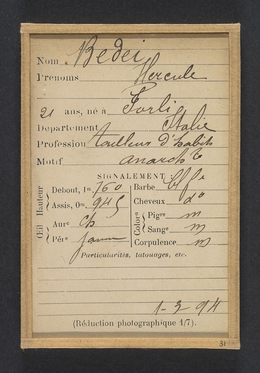 Bedei. Hercule. 21 ans, né à Sorli (Italie). Tailleur d'habits. Anarchiste. 1/3/94., Alphonse Bertillon (French, 1853–1914), Albumen silver print from glass negative