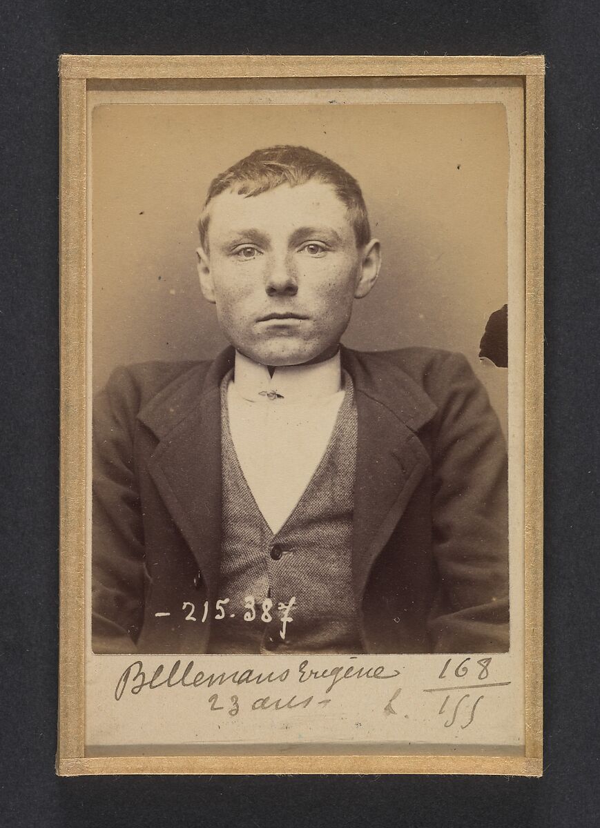 Bellemans. Eugène (ou Michel). 23 ans, né à Gand (Belgique). Tailleur d'habits. Anarchiste. 9/3/94., Alphonse Bertillon (French, 1853–1914), Albumen silver print from glass negative 