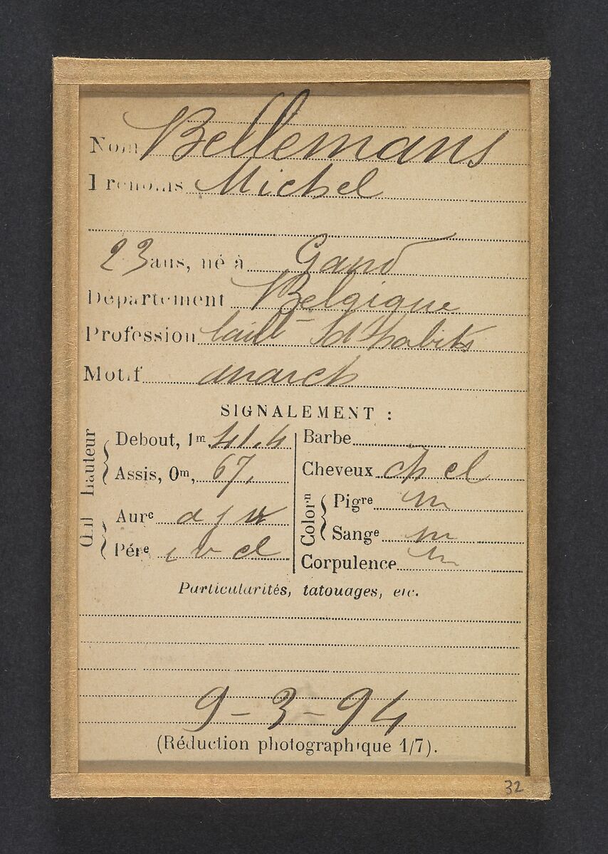 Bellemans. Eugène (ou Michel). 23 ans, né à Gand (Belgique). Tailleur d'habits. Anarchiste. 9/3/94., Alphonse Bertillon (French, 1853–1914), Albumen silver print from glass negative