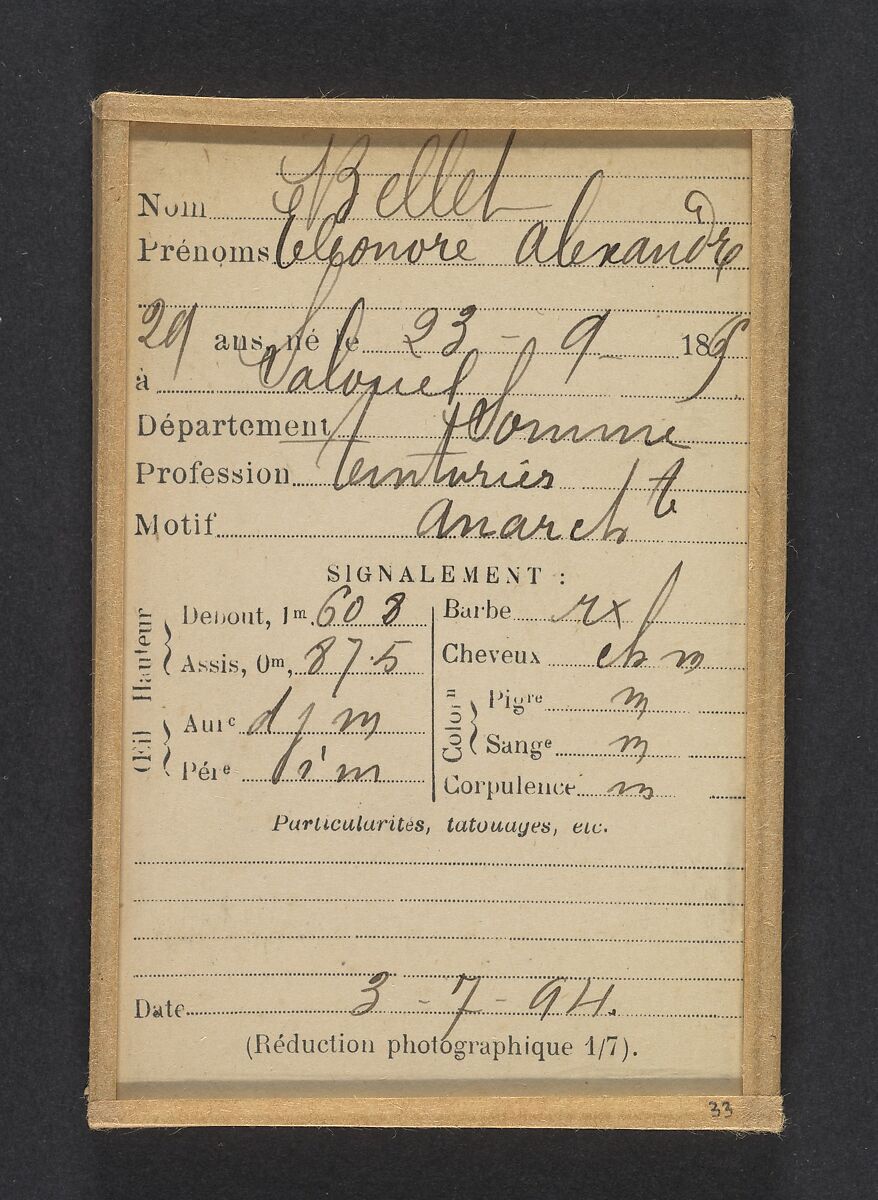 Bellet. Eléonore. Alexandre. 29 ans, né le 23/9/65 à Salouel (Somme). Teinturier. Anarchiste. 3/7/94., Alphonse Bertillon (French, 1853–1914), Albumen silver print from glass negative