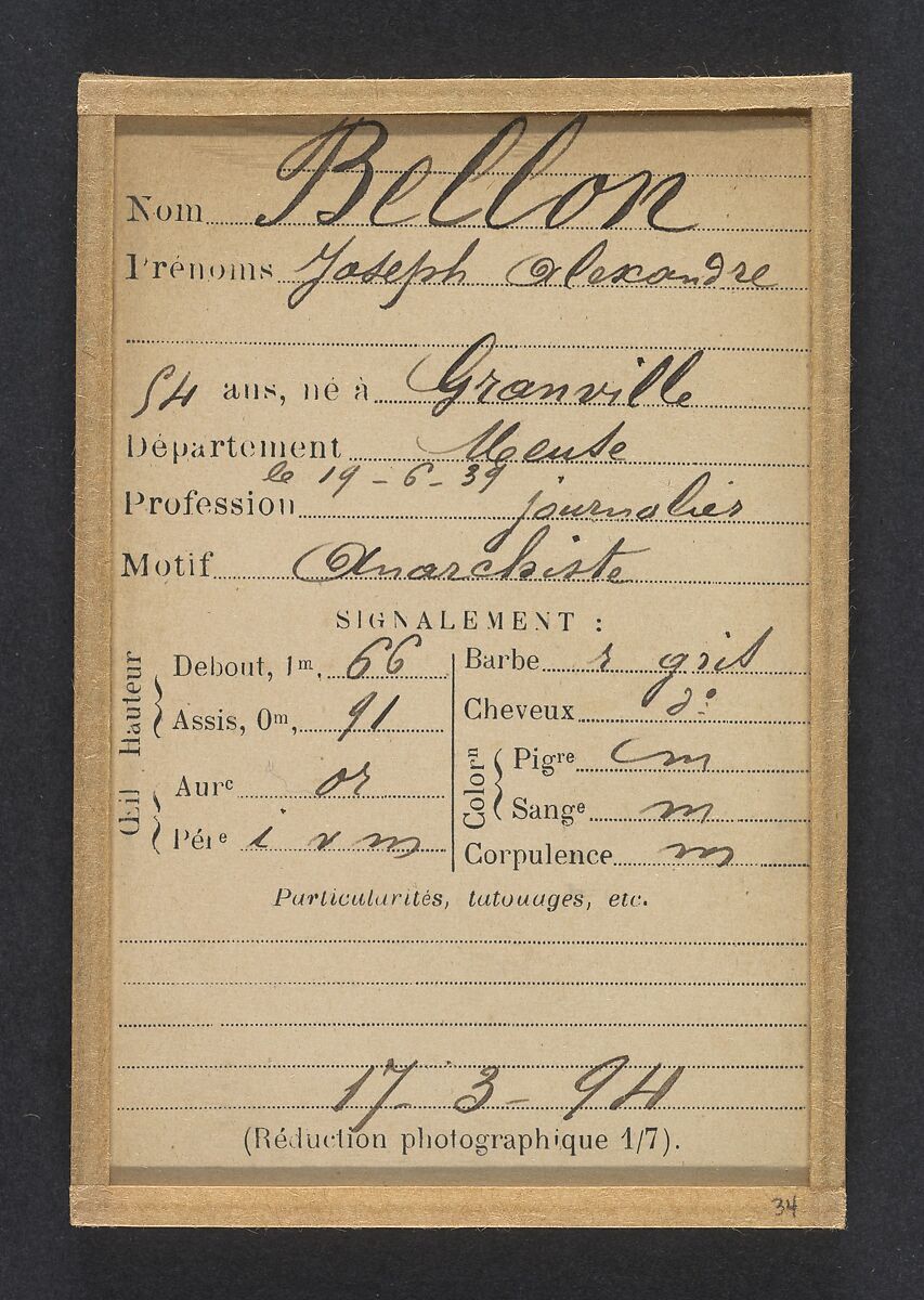 Bellon. Joseph, Alexandre. 54 ans, né à Granville (Meuse) le 19/6/39. Journalier. Anarchiste. 17/3/94., Alphonse Bertillon (French, 1853–1914), Albumen silver print from glass negative