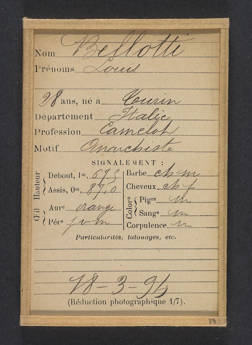 Belloti. Louis. 28 ans, né à Turin. Camelot. Anarchiste. 18/3/94., Alphonse Bertillon (French, 1853–1914), Albumen silver print from glass negative