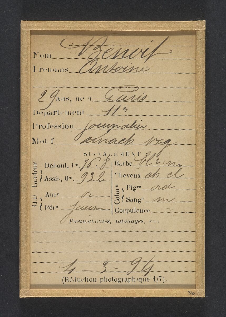 Benoit. Antoine. 29 ans, né à Paris Xle. Journalier. Anarchiste, vagabondage. 4/3/94., Alphonse Bertillon (French, 1853–1914), Albumen silver print from glass negative