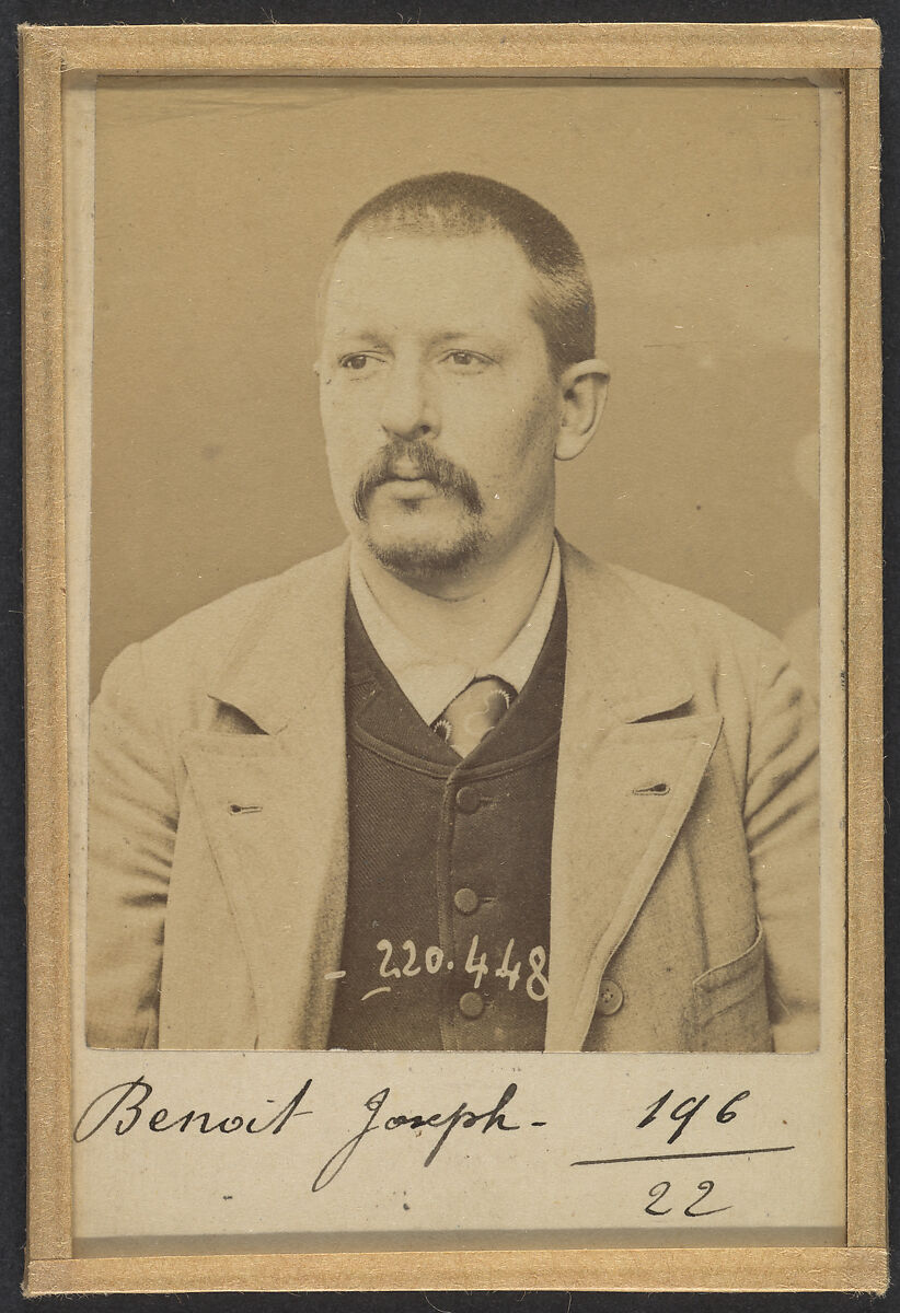 Benoit. Joseph, Alexandre. 33 ans, né le 9/6/61 à Paris XIIIe. Potier d'étain. Anarchiste. 2/7/94., Alphonse Bertillon (French, 1853–1914), Albumen silver print from glass negative 