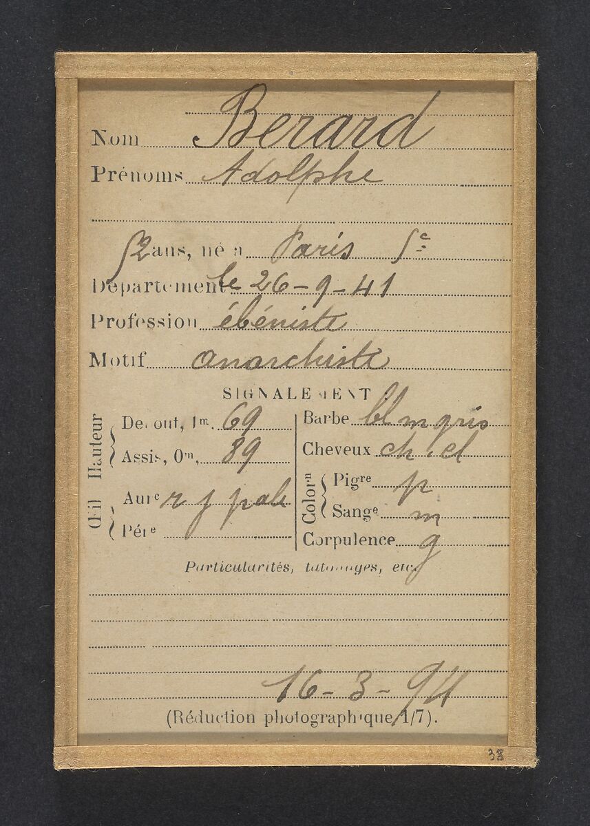 Berard. Adolphe. 52 ans, né le 26/9/41 à Paris Ve. Ébéniste. Anarchiste. 16/3/94., Alphonse Bertillon (French, 1853–1914), Albumen silver print from glass negative