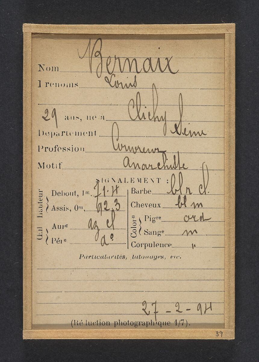 Bernaix. Louis. 29 ans, né à Clichy. Couvreur. Anarchiste. Fiché le 27/2/94., Alphonse Bertillon (French, 1853–1914), Albumen silver print from glass negative