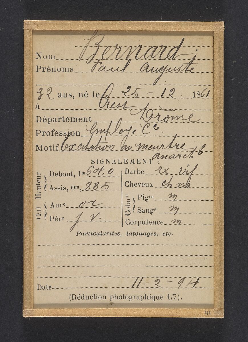 Bernard. Paul, Auguste. 32 ans, né à Crest (Drôme). Employé. Excitation au meurtre, anarchiste. 11/2/94., Alphonse Bertillon (French, 1853–1914), Albumen silver print from glass negative