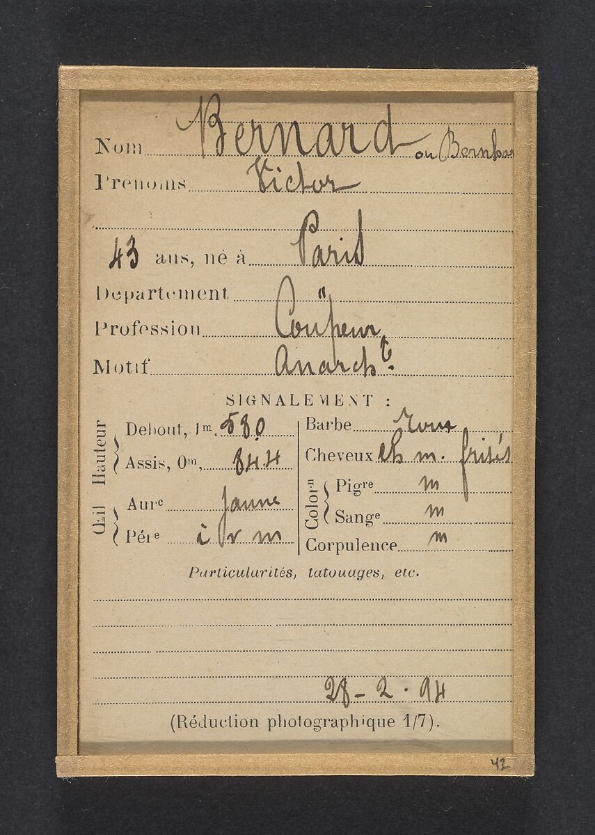 Ber(h)nard. Victor. 43 ans, né à Paris. Coupeur. Anarchiste. Fiché le 28/2/94., Alphonse Bertillon (French, 1853–1914), Albumen silver print from glass negative