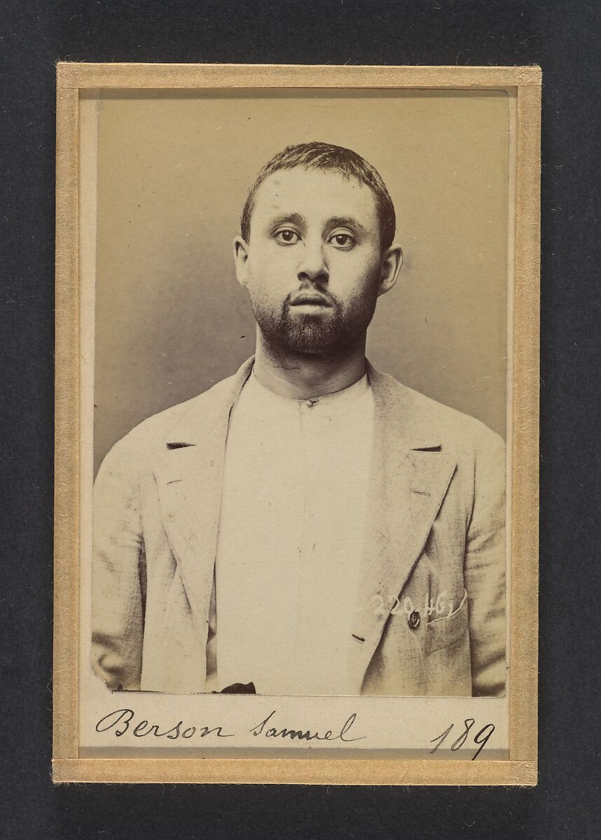 Berson. Samuel. 28 ans, né le 3/?/65 à Dinabourg (Russie). Tailleur d'habits. Anarchiste. 2/7/94., Alphonse Bertillon (French, 1853–1914), Albumen silver print from glass negative 