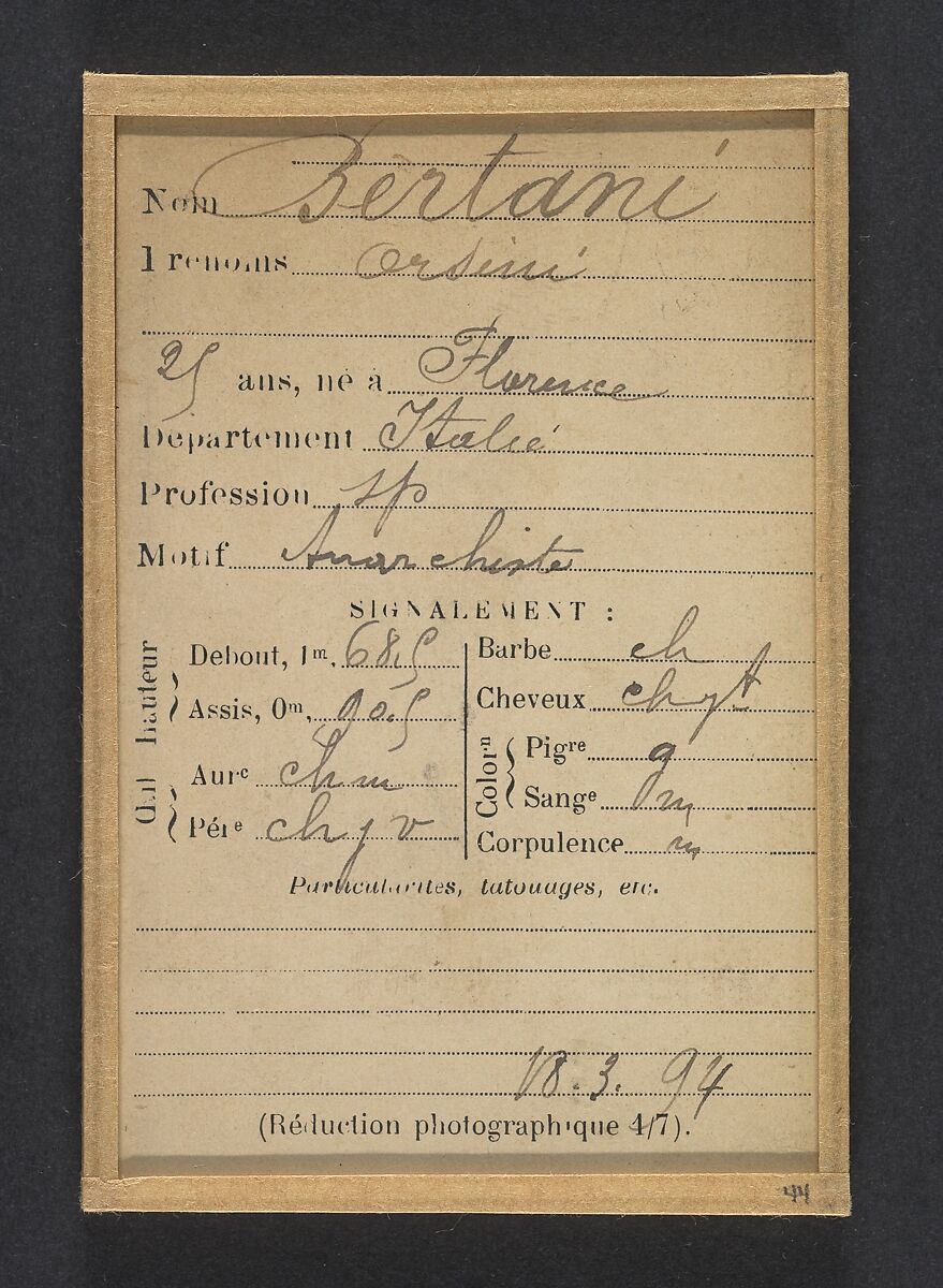 Bertani. Orsini. 24 ou 25 ans, né à Florence (Italie). Sans profession. Anarchiste. 18/3/94, Alphonse Bertillon (French, 1853–1914), Albumen silver print from glass negative