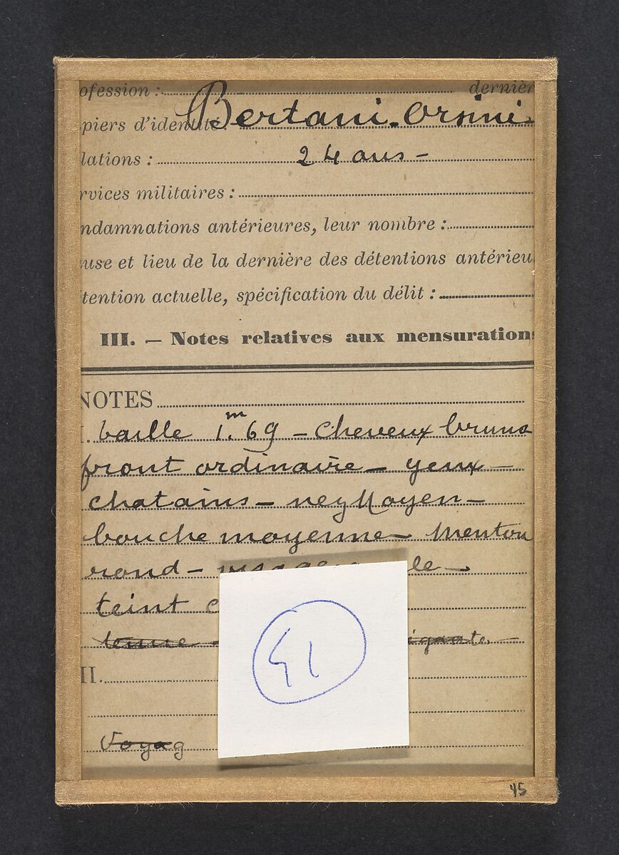 Bertani. Orsini. 24 ou 25 ans, né à Florence (Italie). Sans profession. Anarchiste. 18/3/94, Alphonse Bertillon (French, 1853–1914), Albumen silver print from glass negative