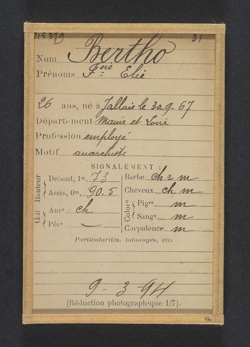Bertho. François, Élie. 26 ans, né le 30/9/67 à Jallais (Maine & Loire). Employé. Anarchiste. 9/3/94., Alphonse Bertillon (French, 1853–1914), Albumen silver print from glass negative