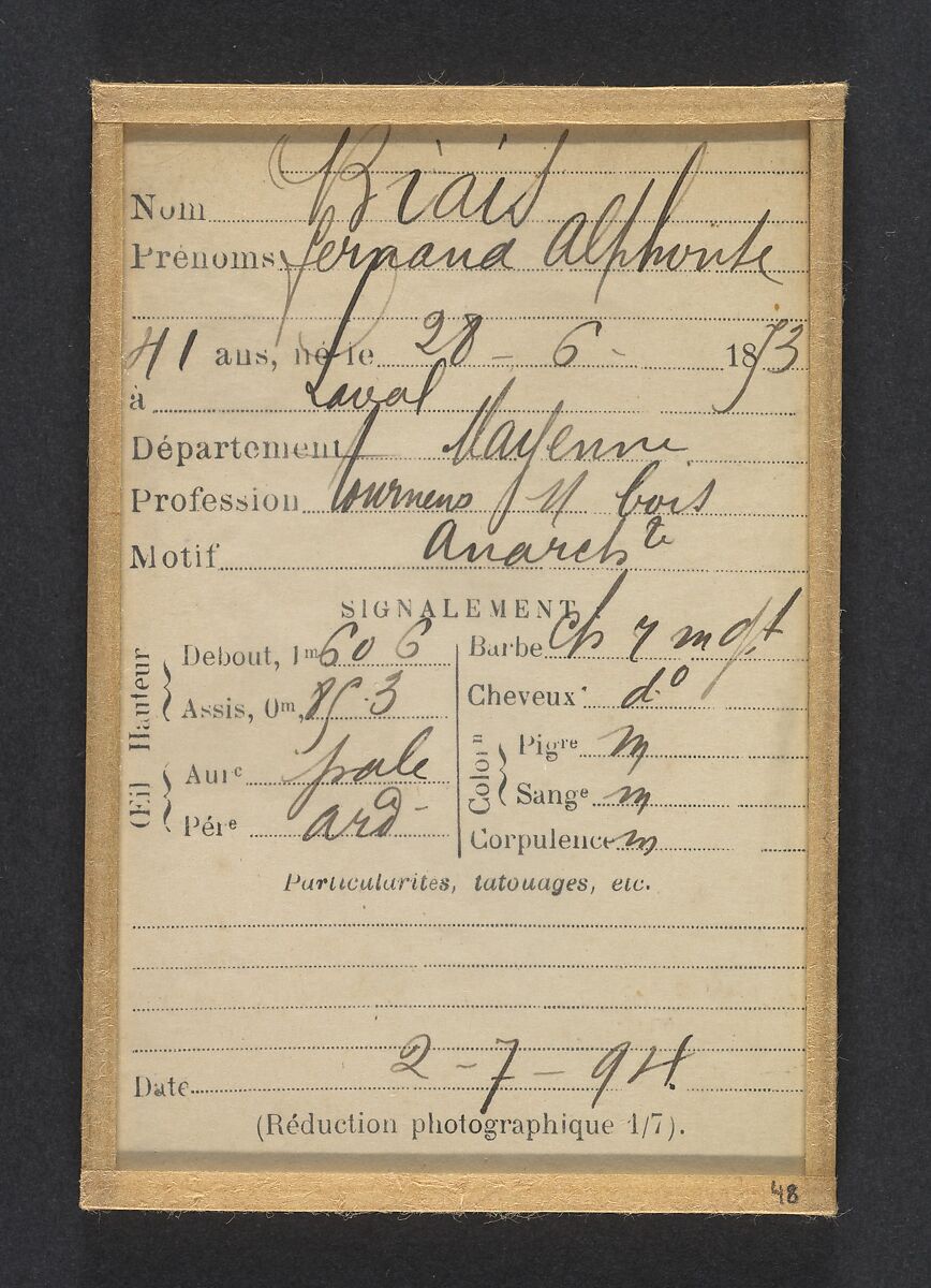 Biais. Fernand, Alphonse. 41 ans, né le 28/6/53 à Laval (Mayenne). Tourneur sur bois. Anarchiste. 2/7/94., Alphonse Bertillon (French, 1853–1914), Albumen silver print from glass negative