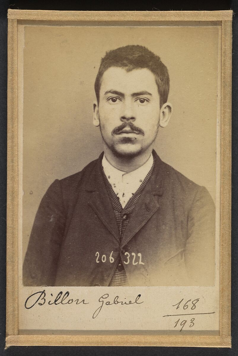 Billon. Gabriel, André, Adolphe. 20 ans, né à Boulogne /s/Seine. Typographe. Outrages. 14/8/93., Alphonse Bertillon (French, 1853–1914), Albumen silver print from glass negative 