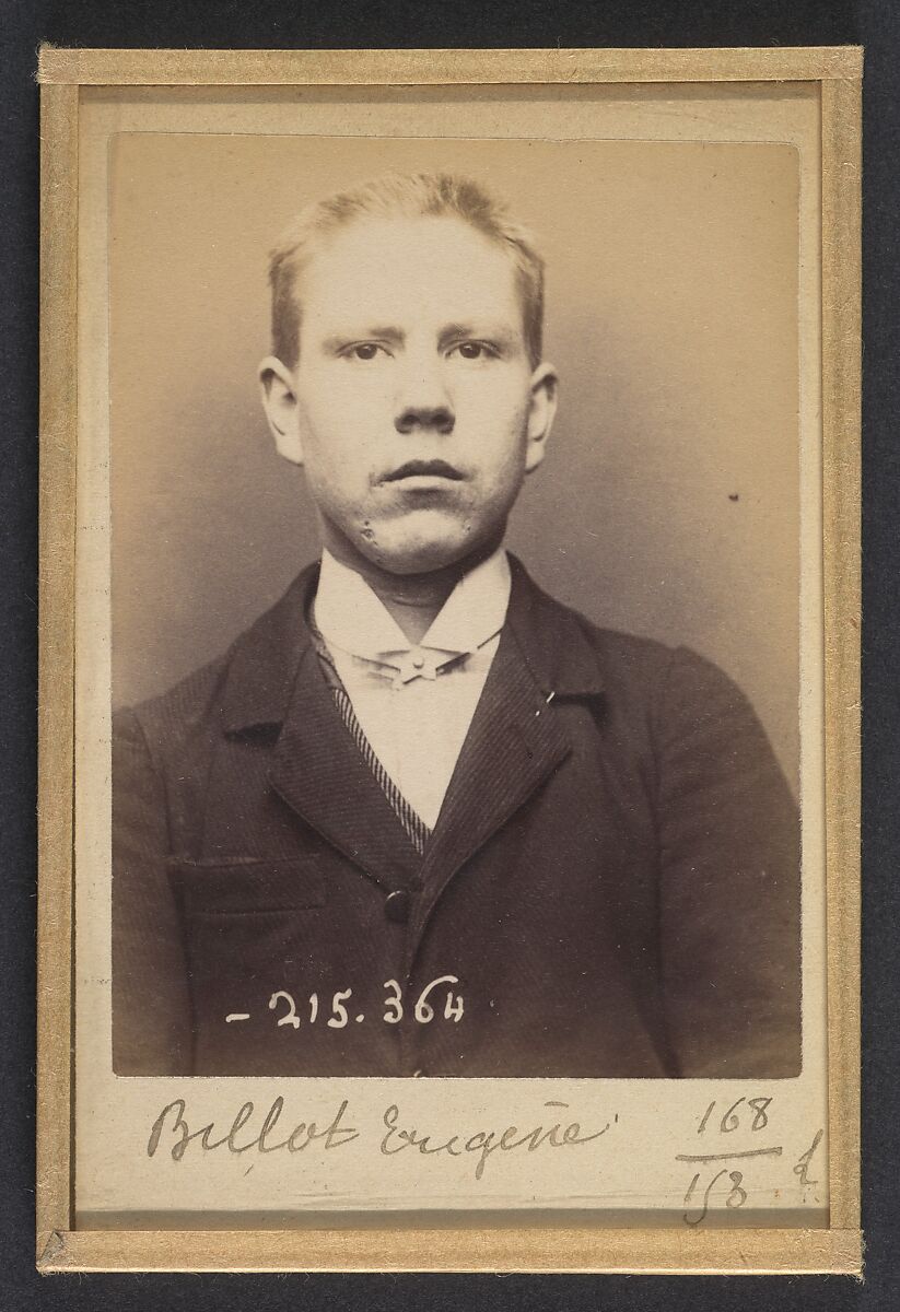 Billot. Eugène. 20 ans, né à La Charité (Nièvre). Tailleur d'habits. Anarchiste. 9/3/94., Alphonse Bertillon (French, 1853–1914), Albumen silver print from glass negative 