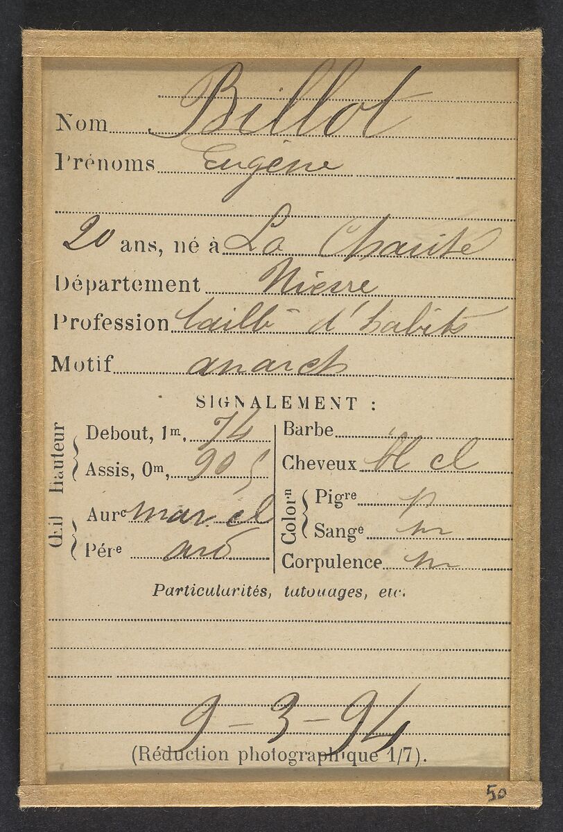 Billot. Eugène. 20 ans, né à La Charité (Nièvre). Tailleur d'habits. Anarchiste. 9/3/94., Alphonse Bertillon (French, 1853–1914), Albumen silver print from glass negative