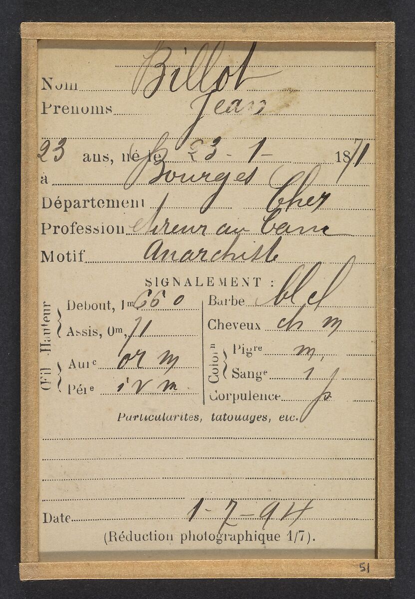 Billot. Jean. 23 ans, né le 23/1/71 à Bourges (Cher). Tireur en barre. Anarchiste. 1/7/94., Alphonse Bertillon (French, 1853–1914), Albumen silver print from glass negative