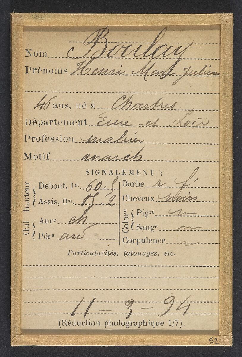 Birilay. Henri, Marc, Julien. 46 ans, né à Chartres (Eure & Loir). Journalier. Anarchiste. 11/3/94., Alphonse Bertillon (French, 1853–1914), Albumen silver print from glass negative