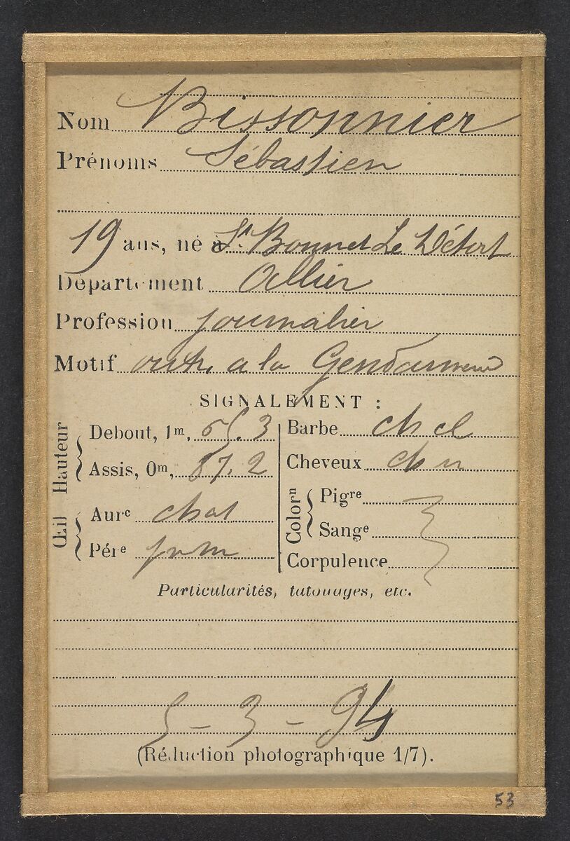 Bissonier. Sébastien. 19 ans, né à St Bonnet (Allier). Journalier. Outrage à la Gendarmerie. 5/3/94., Alphonse Bertillon (French, 1853–1914), Albumen silver print from glass negative