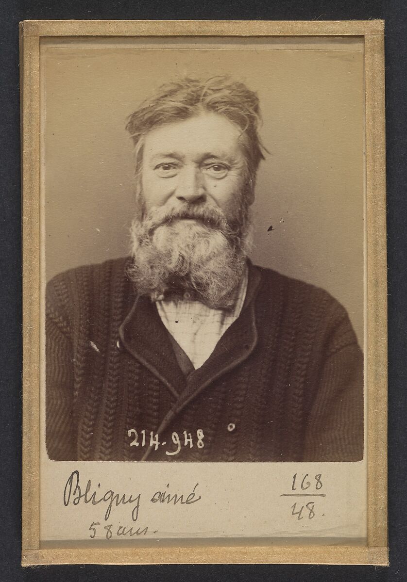 Bligny. André, Eugène. 58 ans, né à Vincennes. Serrurier. Anarchiste. Fiché le 2/3/94., Alphonse Bertillon (French, 1853–1914), Albumen silver print from glass negative 