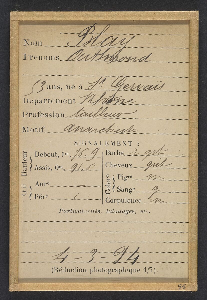 Blay. François. 53 ans, né à St Gervais (Rhône). Tailleur. Anarchiste. 4/3/94., Alphonse Bertillon (French, 1853–1914), Albumen silver print from glass negative
