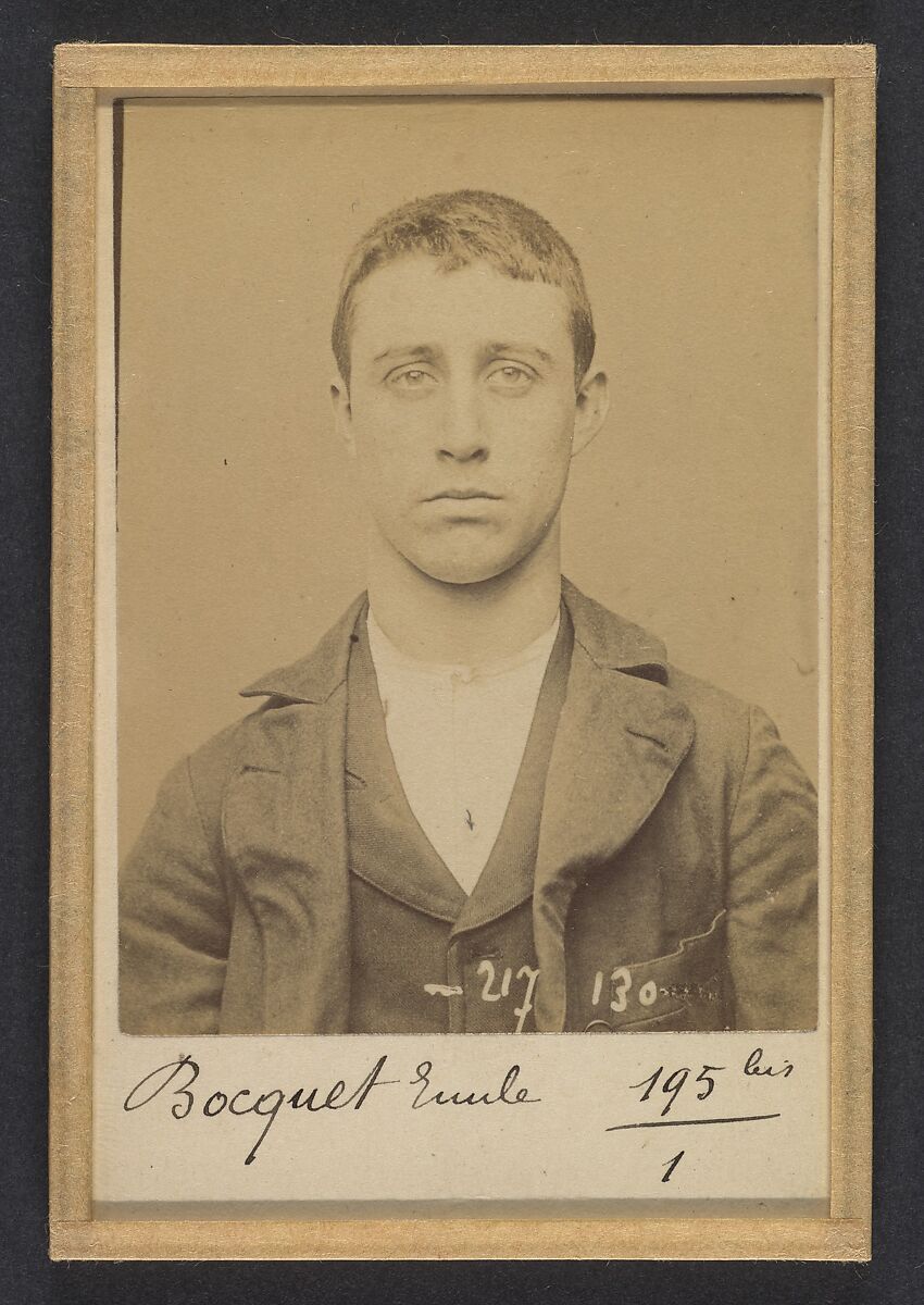 Bocquet. Alexandre, Émile. 17 ans, né à Paris XVlle. Menuisier. Vol. Fiché le 14/4/94., Alphonse Bertillon (French, 1853–1914), Albumen silver print from glass negative 