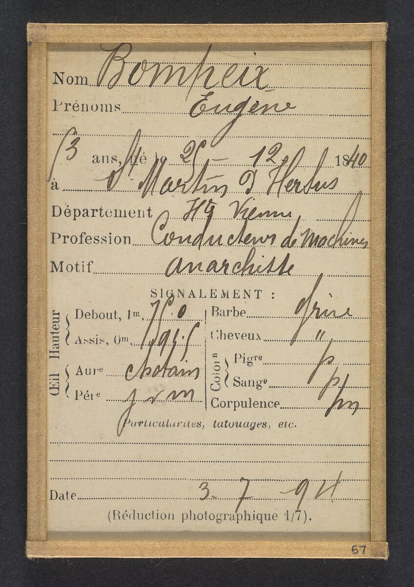 Bompeix. Eugène. 53 ans, né à St Martin d'Herbus (Haute-Vienne). Conducteur de machines. Anar. 3/7/94., Alphonse Bertillon (French, 1853–1914), Albumen silver print from glass negative