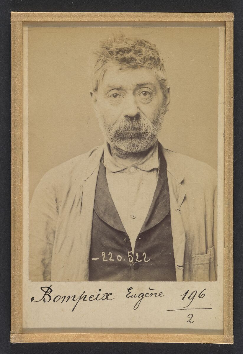 Bompeix. Eugène. 53 ans, né à St Martin d'Herbus (Haute-Vienne). Conducteur de machines. Anar. 3/7/94., Alphonse Bertillon (French, 1853–1914), Albumen silver print from glass negative 