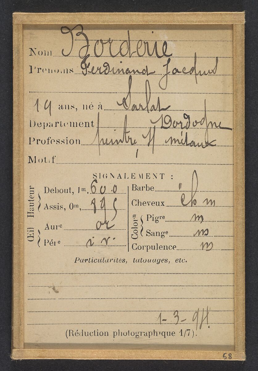 Borderie. Ferdinand, Jacques. 19 ans, né à Sarlat (Dordogne). Peintre sur métaux. Pas de motif. 1/3/94., Alphonse Bertillon (French, 1853–1914), Albumen silver print from glass negative