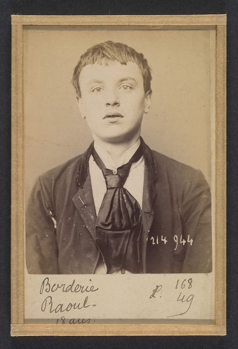 Borderie. Raoul. 18 ans, né à Castelsarazin (Tarn & Garonne). Peintre en bâtiment. Anarchiste. 1/3/94., Alphonse Bertillon (French, 1853–1914), Albumen silver print from glass negative 