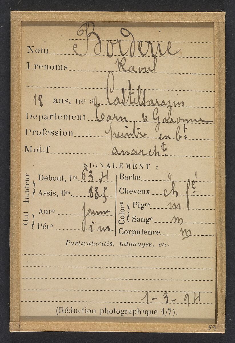 Borderie. Raoul. 18 ans, né à Castelsarazin (Tarn & Garonne). Peintre en bâtiment. Anarchiste. 1/3/94., Alphonse Bertillon (French, 1853–1914), Albumen silver print from glass negative