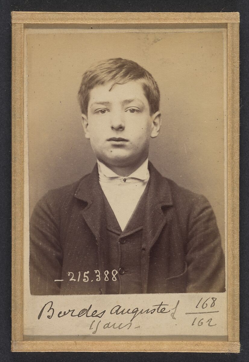 Bordes. Auguste. 15 ans, né à Paris XVIIIe. Garçon Marchand de vins. Anarchiste. 9/3/94., Alphonse Bertillon (French, 1853–1914), Albumen silver print from glass negative 
