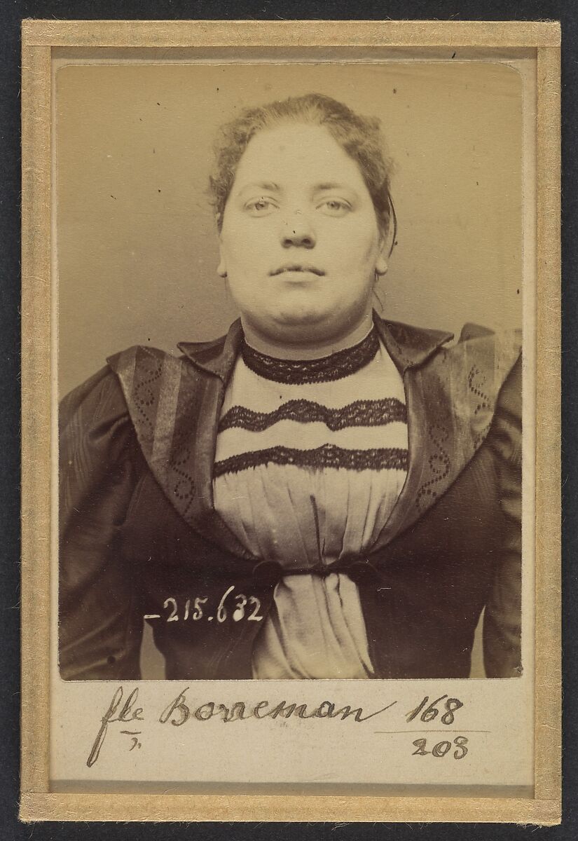 Borreman. Léontine, Eugénie. 23 ans, née à Paris le 25/12/70. Papetière. Anarchiste. 13/3/94., Alphonse Bertillon (French, 1853–1914), Albumen silver print from glass negative 