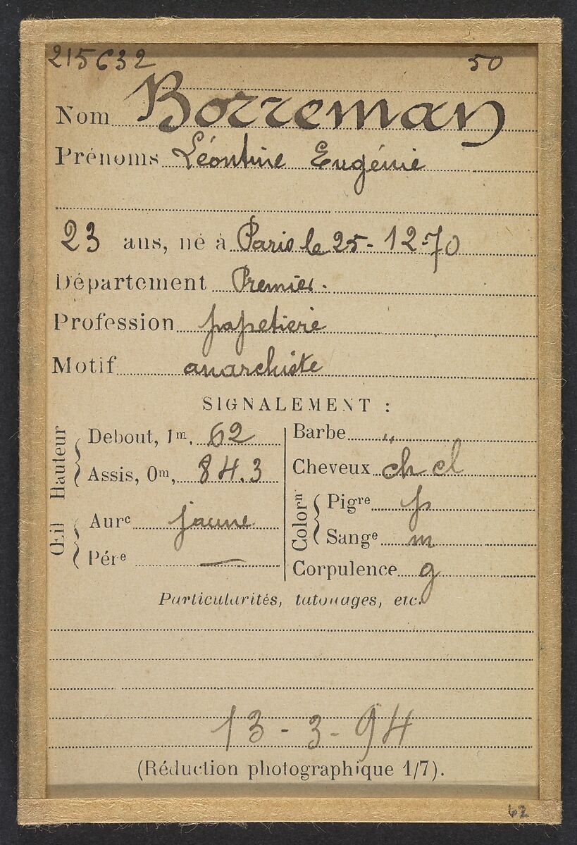 Borreman. Léontine, Eugénie. 23 ans, née à Paris le 25/12/70. Papetière. Anarchiste. 13/3/94., Alphonse Bertillon (French, 1853–1914), Albumen silver print from glass negative