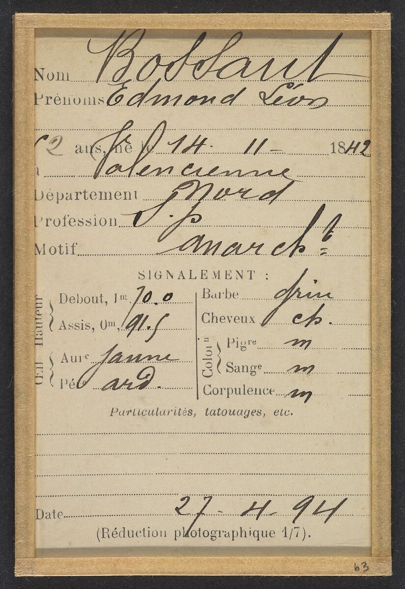 Bossant. Edmond, Léon. 52 ans, né à Valenciennes (Nord). Sans profession. Anarchiste. 27/4/94., Alphonse Bertillon (French, 1853–1914), Albumen silver print from glass negative
