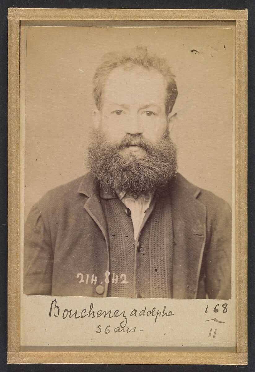 Bouchenez. Adolphe. 36 ans, 27/2/94. (En rouge barrant la fiche: "Transféré à Mazas. À faire extraire")., Alphonse Bertillon (French, 1853–1914), Albumen silver print from glass negative 