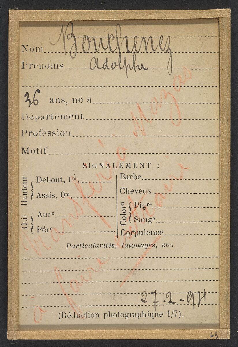 Bouchenez. Adolphe. 36 ans, 27/2/94. (En rouge barrant la fiche: "Transféré à Mazas. À faire extraire")., Alphonse Bertillon (French, 1853–1914), Albumen silver print from glass negative