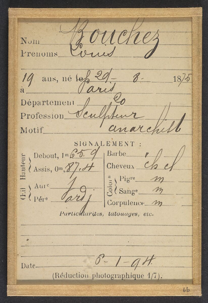 Bouchez. Louis. 19 ans, né le 29/8/75 à Paris XXe. Sculpteur. Anarchiste. 6/1/94., Alphonse Bertillon (French, 1853–1914), Albumen silver print from glass negative