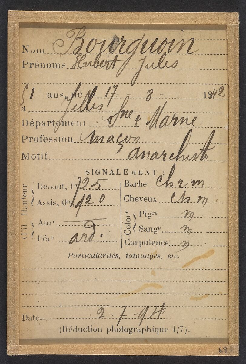 Bourguoin. Hubert, Jules. 51 ans, né le 17/8/42 à Jelles (Seine & Marne). Maçon. Anarchiste. 2/7/94., Alphonse Bertillon (French, 1853–1914), Albumen silver print from glass negative