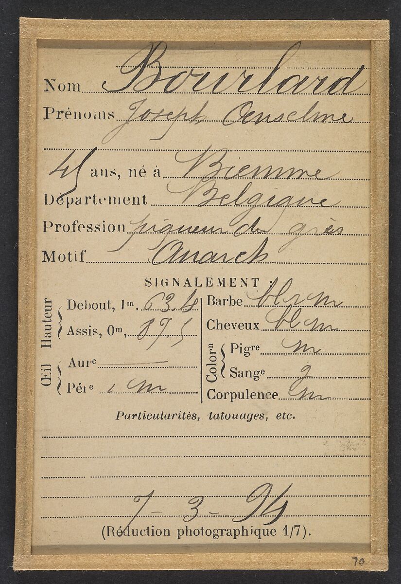 Bourlard. Joseph, Anselme. 45 ou 46 ans, né à Biemme (Belgique). Piqueur de grès. Anarchiste. 7/3/94., Alphonse Bertillon (French, 1853–1914), Albumen silver print from glass negative