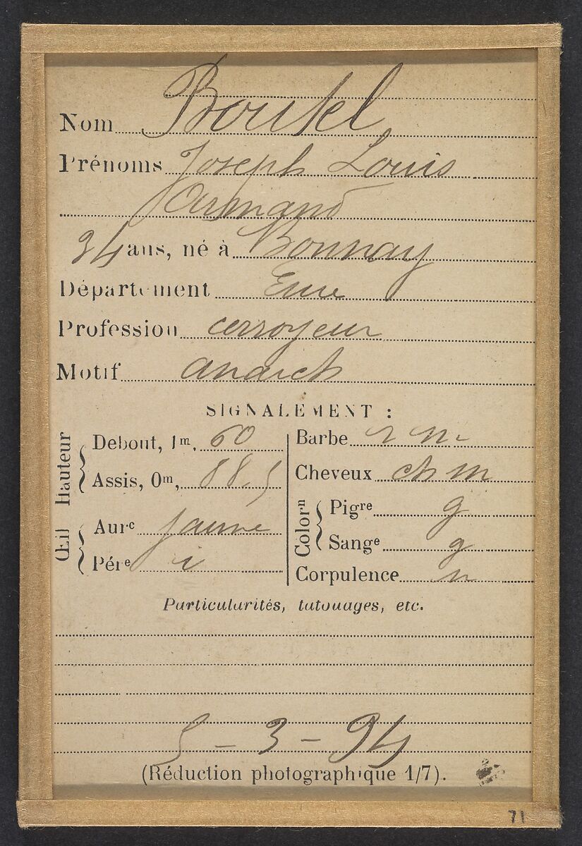 Boutel. Joseph. Louis. 34 ans, né à Bonnay (Eure). Corroyeur. Anarchiste. 5/3/94., Alphonse Bertillon (French, 1853–1914), Albumen silver print from glass negative