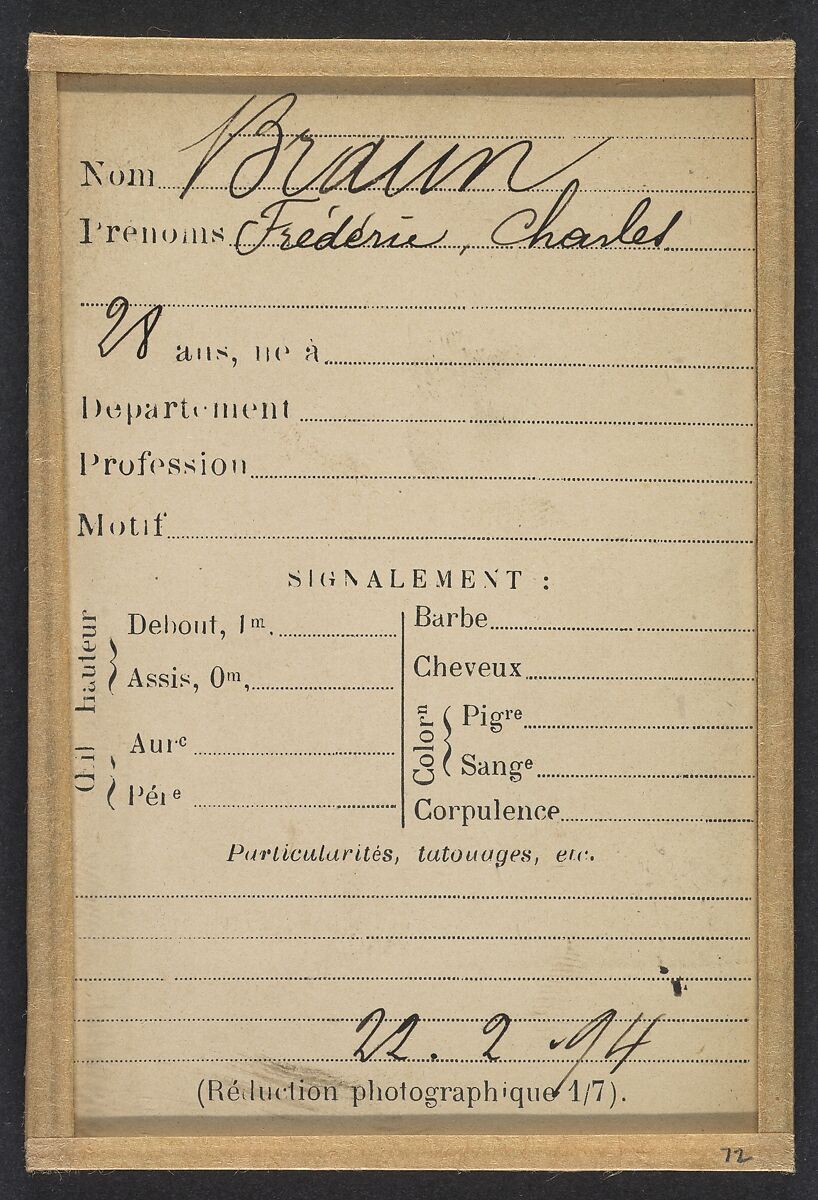 Braun. Frédéric, Charles. 28 ans. Fiché le 22/2/94., Alphonse Bertillon (French, 1853–1914), Albumen silver print from glass negative