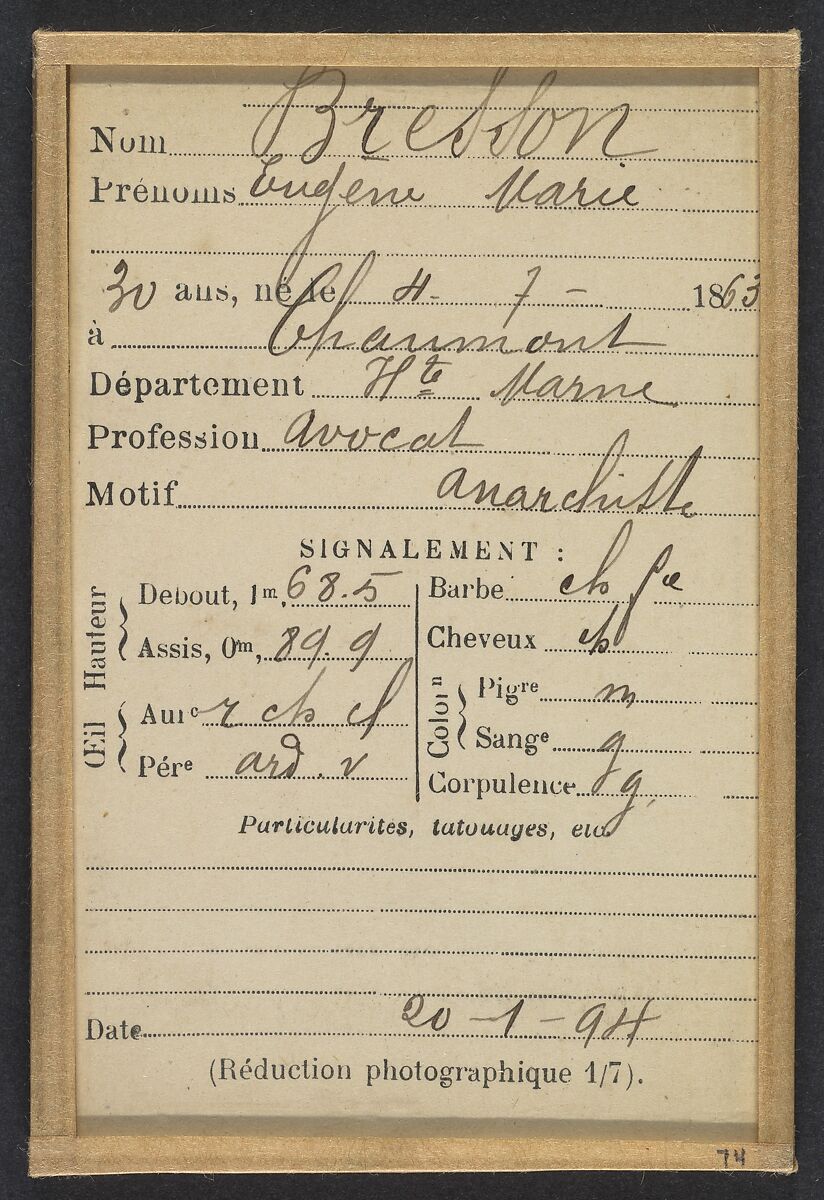 Bresson. Eugène, Marie. 30 ans, né le 4/7/63 à Chaumont (Haute-Marne). Avocat. Anarchiste. 20/1/94., Alphonse Bertillon (French, 1853–1914), Albumen silver print from glass negative