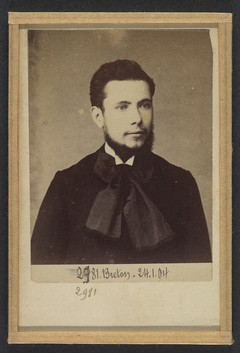 Breton. Ernest, Jean. 28 ans, 27/10/63. Anarchiste 24/1/94., Alphonse Bertillon (French, 1853–1914), Albumen silver print from glass negative 