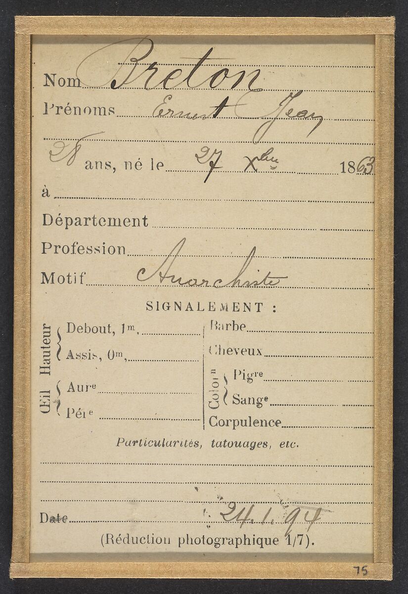 Breton. Ernest, Jean. 28 ans, 27/10/63. Anarchiste 24/1/94., Alphonse Bertillon (French, 1853–1914), Albumen silver print from glass negative