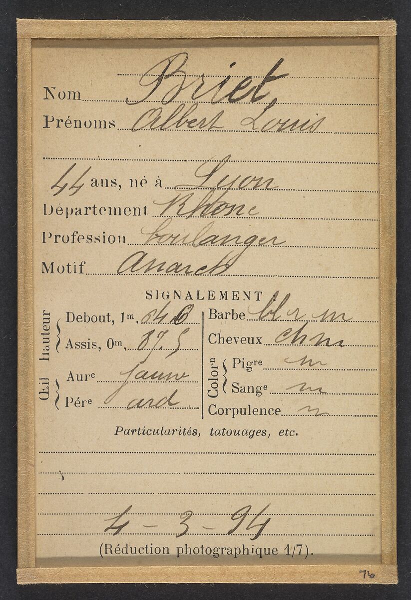 Briet. Albert, Louis. 44 ans, né à Lyon (Rhône). Boulanger. Anarchiste. 4/3/94., Alphonse Bertillon (French, 1853–1914), Albumen silver print from glass negative